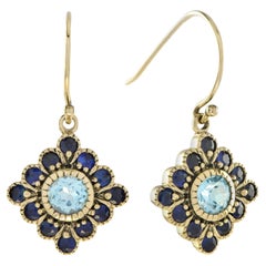 Marin Fleur Round Sky Blue Topaz and Sapphire Drop Earrings in 9K Yellow Gold
