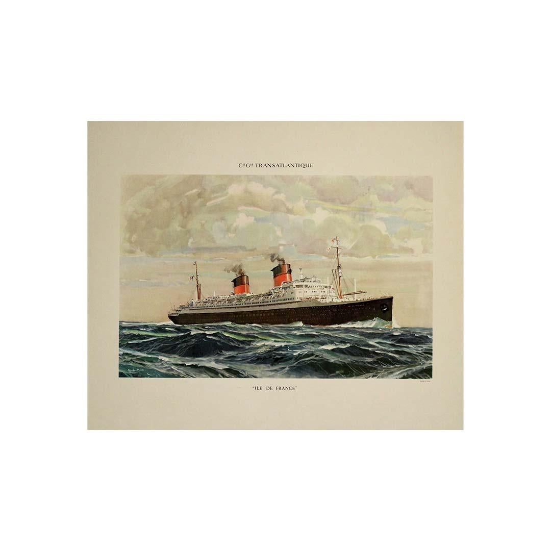 Cette affiche originale, élégante et richement détaillée, créée vers 1950 par le célèbre peintre de marine français Marin-Marie, rend hommage à l'un des paquebots les plus célèbres du XXe siècle, le SS Île de France. Commandée par la Compagnie