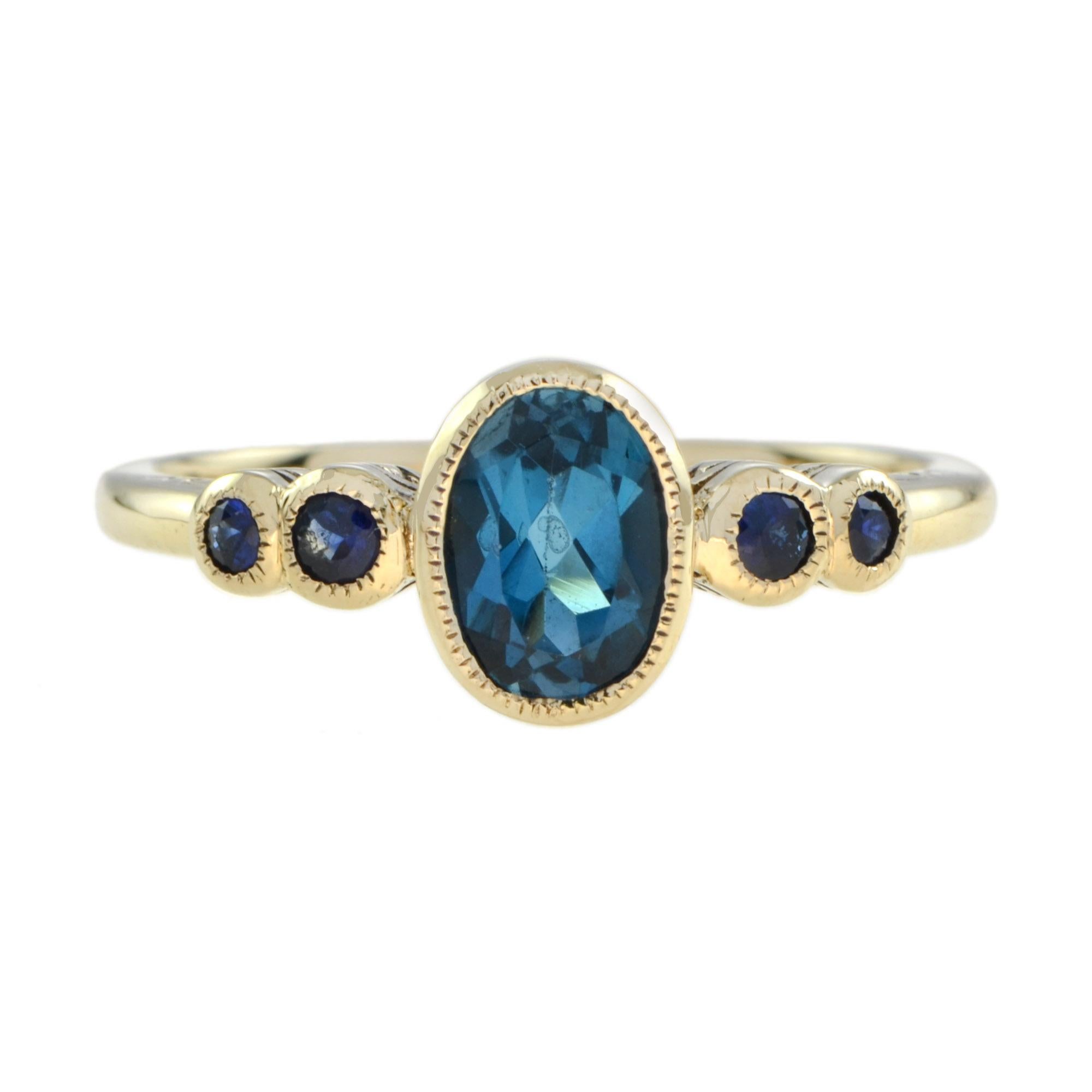 Oval Cut Marin Oval London Blue Topaz and Sapphire Solitaire Ring in 9K Yellow Gold For Sale