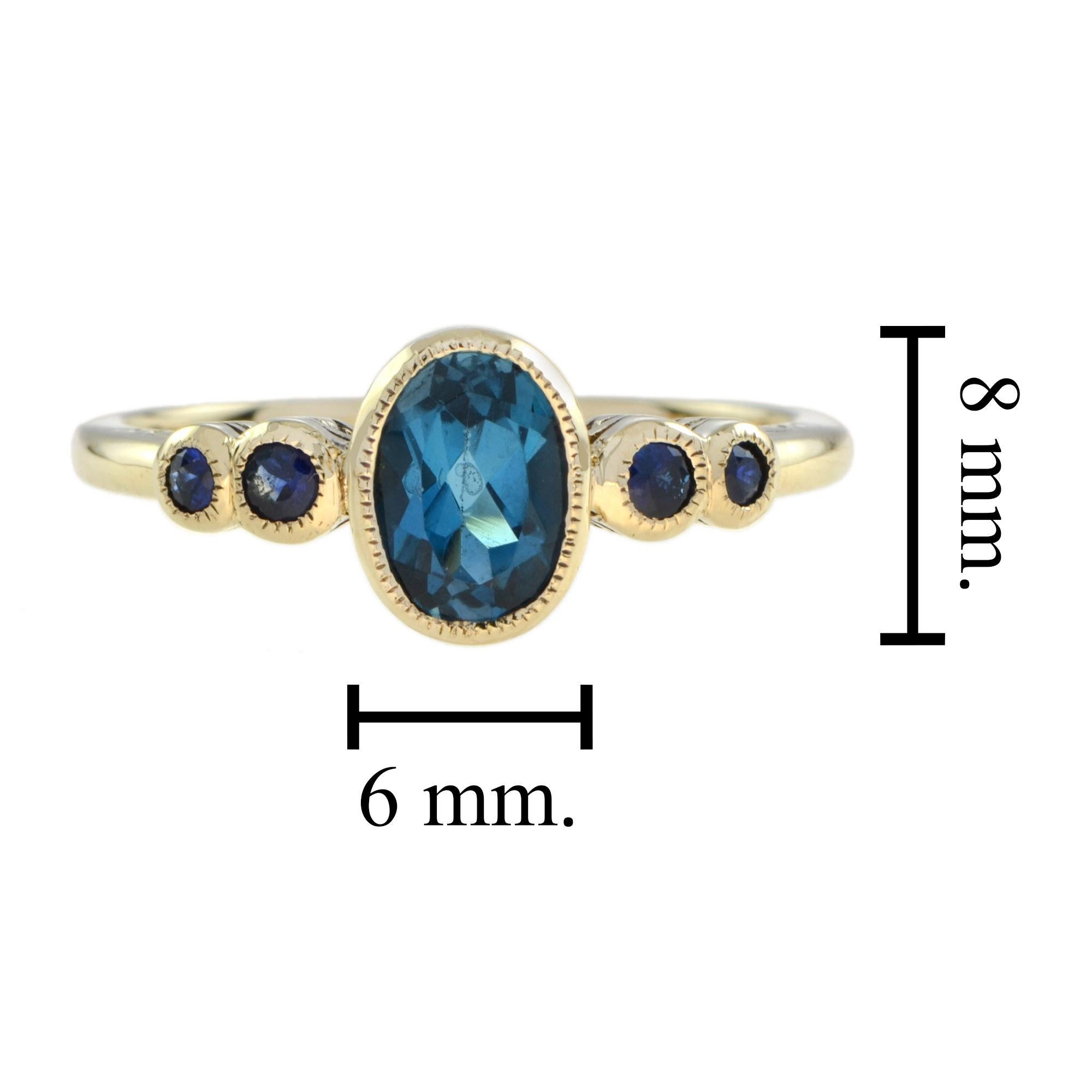 Marin Oval London Blue Topaz and Sapphire Solitaire Ring in 9K Yellow Gold For Sale 2