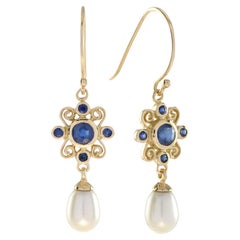 Marin Sapphire and Pearl Drop Earrings in 9K Yellow Gold