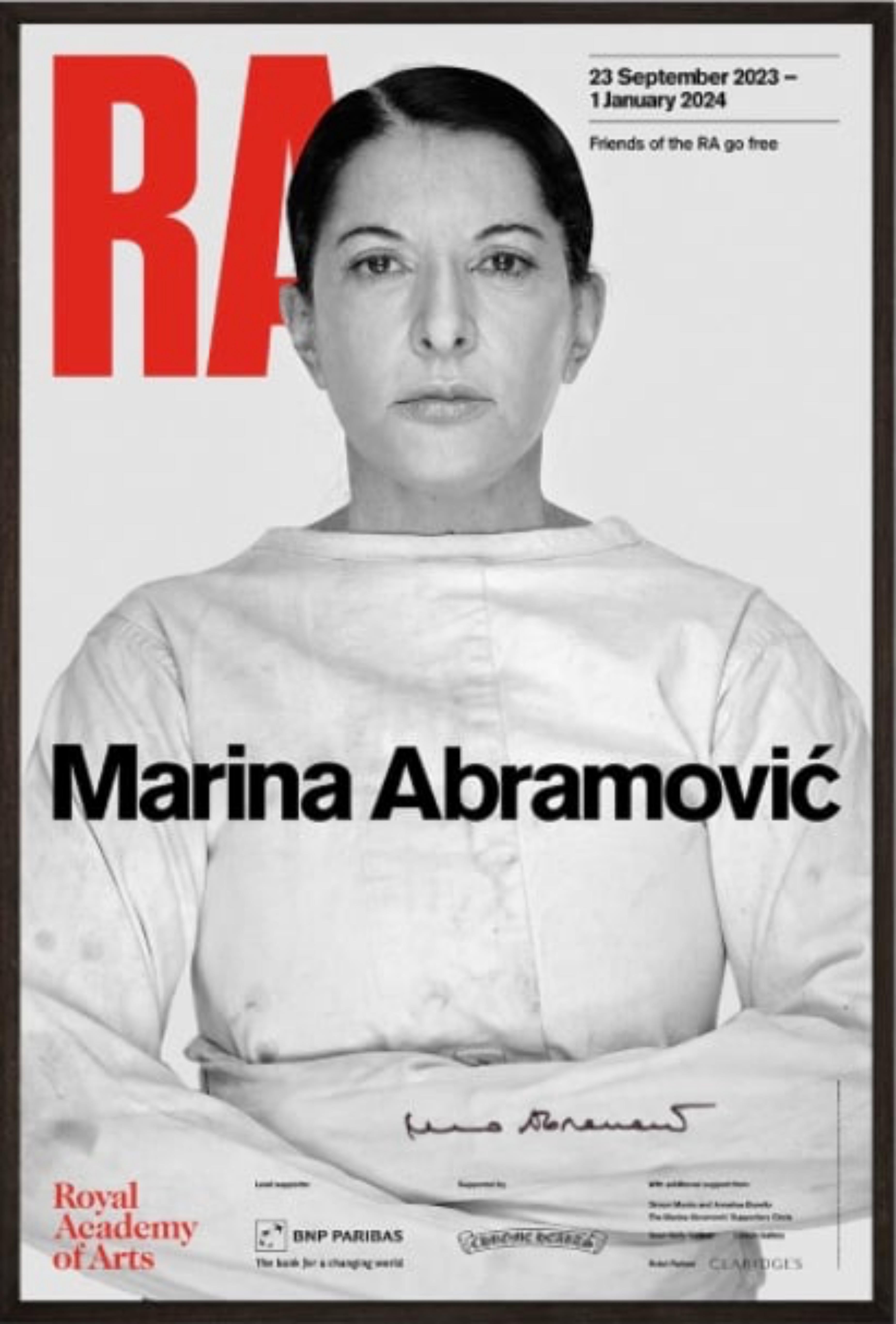 Marina Abramovic 
The Spirit in Any Condition Does Not Burn (Hand signed by Marina Abramovic, with provenance label from the Royal Academy) 2011, 2023
Offset lithograph poster (hand signed by the artist)
Bears Royal Academy authentication label on