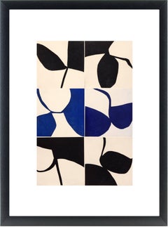 "New Alphabet 37", graphic abstract aquatint monotype, blacks, blues.