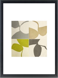 New Alphabet 7, graphic abstract aquatint monoprint, muted gold, green, silver.