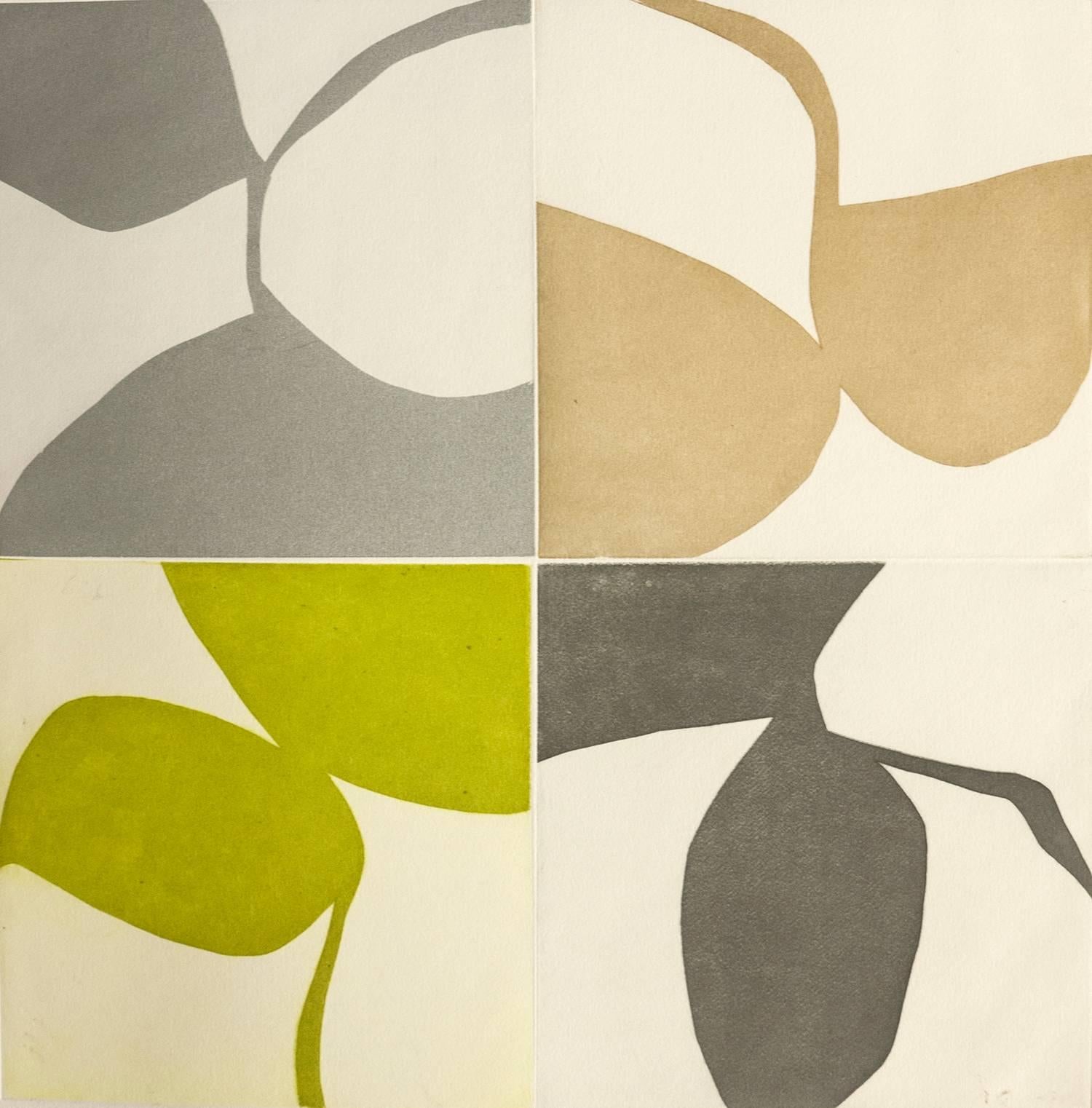 Marina Adams Abstract Print - New Alphabet 7, graphic abstract aquatint monoprint, muted gold, green, silver.