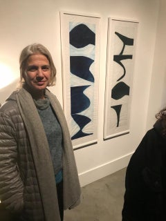 "Prussian Blue 9", graphic modernist scroll-like abstract monoprint, deep blue.