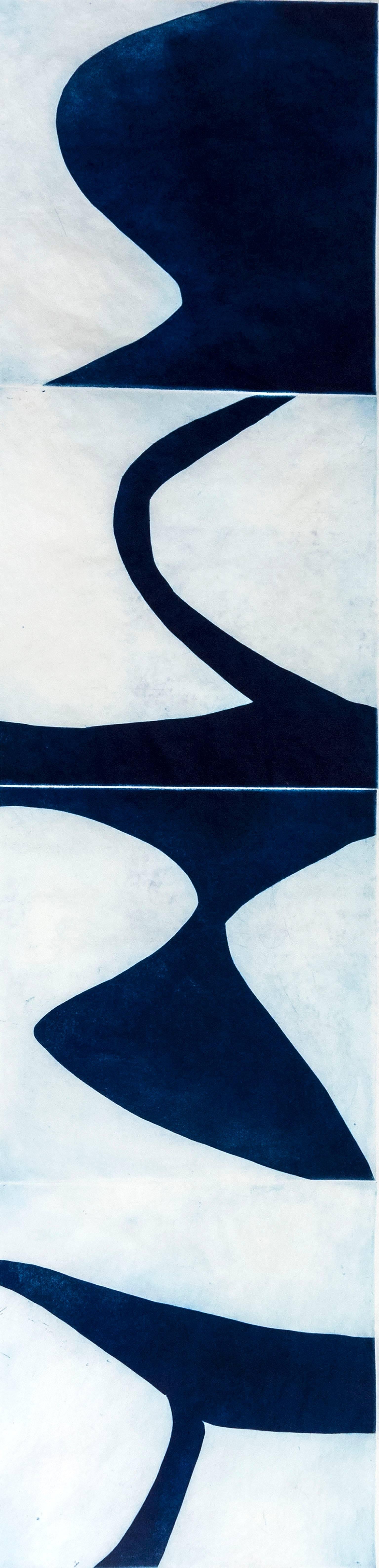 "Prussian Blue 9", graphic modernist scroll-like abstract monoprint, deep blue. - Print by Marina Adams
