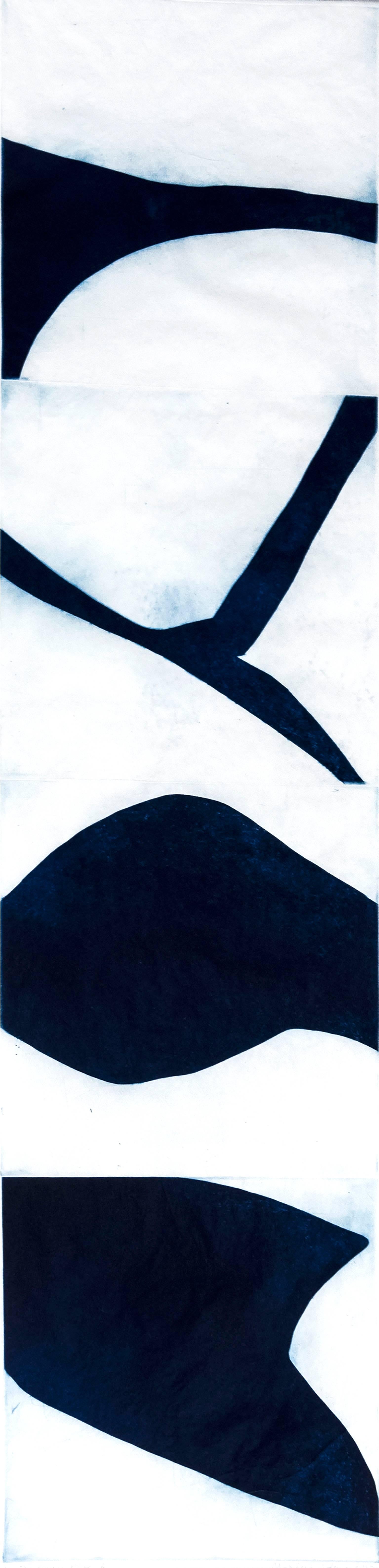 "Prussian Blue Six", graphic aquatint monoprint, Japanese scroll influenced. - Print by Marina Adams