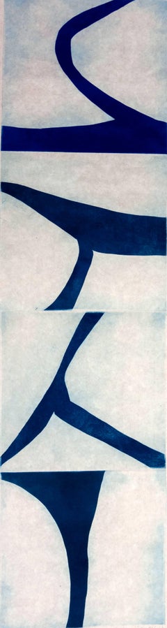 "Prussian Blue Three", graphic modernist scroll-like abstract print, deep blue.