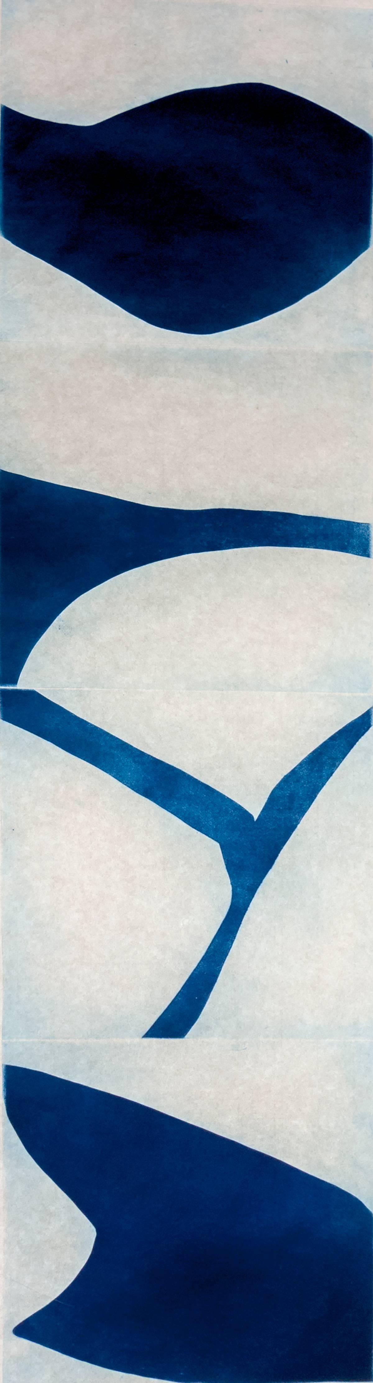 "Prussian Blue Three", graphic modernist scroll-like abstract print, deep blue. - Print by Marina Adams