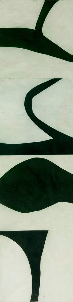 "Terre Verte 5", graphic modernist scroll-like abstract monoprint, deep green.