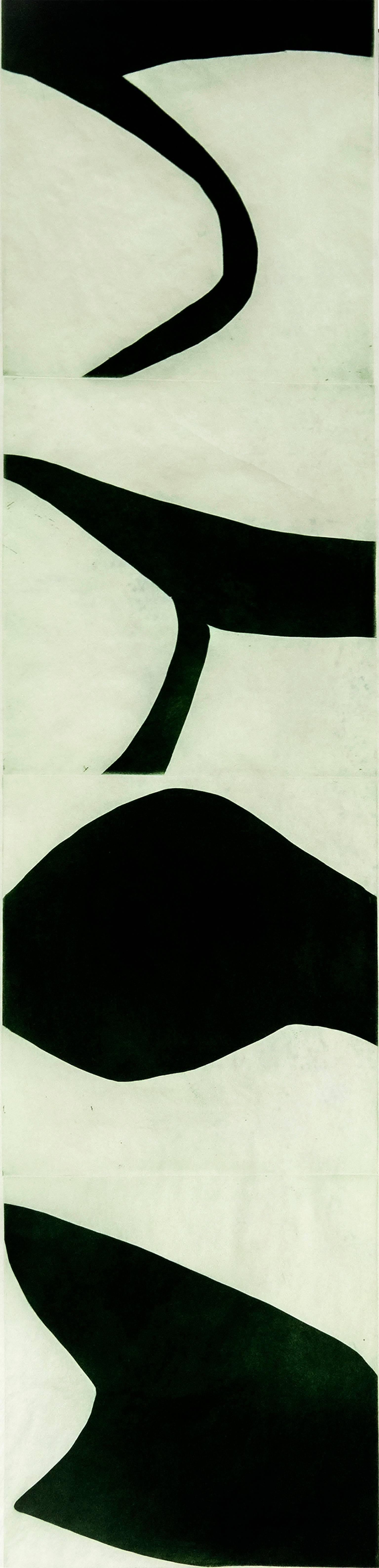 "Terre Verte 7", graphic modernist scroll-like abstract monoprint, deep green. - Print by Marina Adams