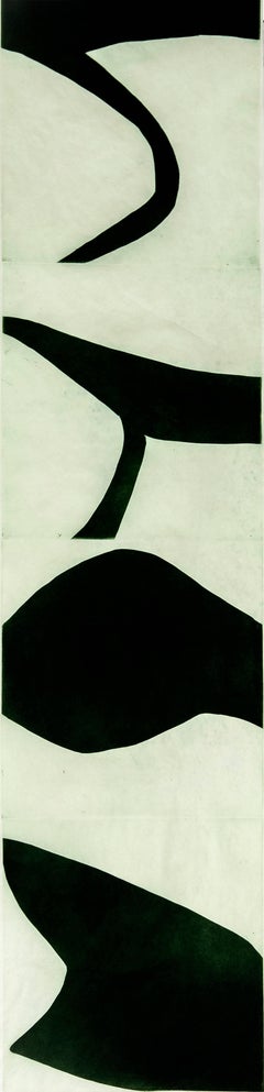 "Terre Verte 7", graphic modernist scroll-like abstract monoprint, deep green.