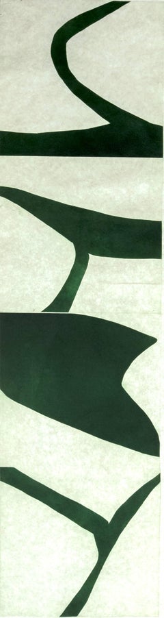 "Terre Verte One", graphic modernist scroll abstract monoprint, deep green.