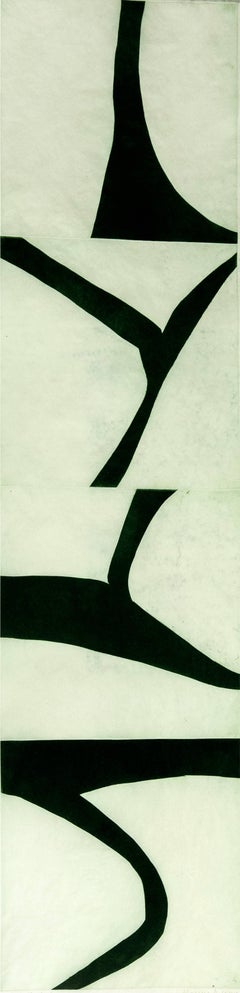 "Terre Verte Six”, graphic modernist scroll-like abstract monoprint, deep green.