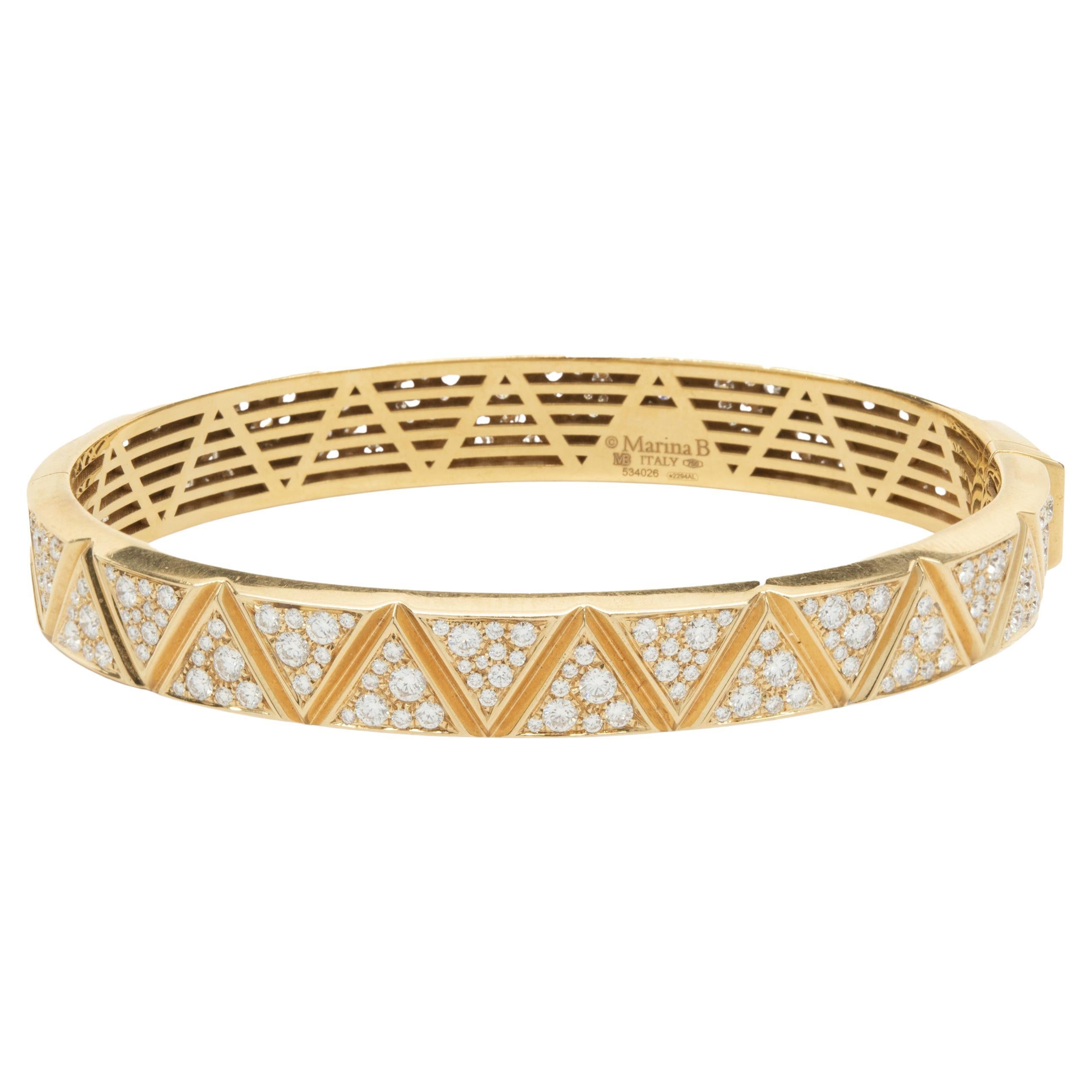 Marina B 18 Karat Yellow Gold Triangular Pave Diamond Bangle Bracelet For Sale