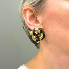 Marina B 18k Gold Black Enamel Heart Earrings Vintage Italian Designer Clip-Ons