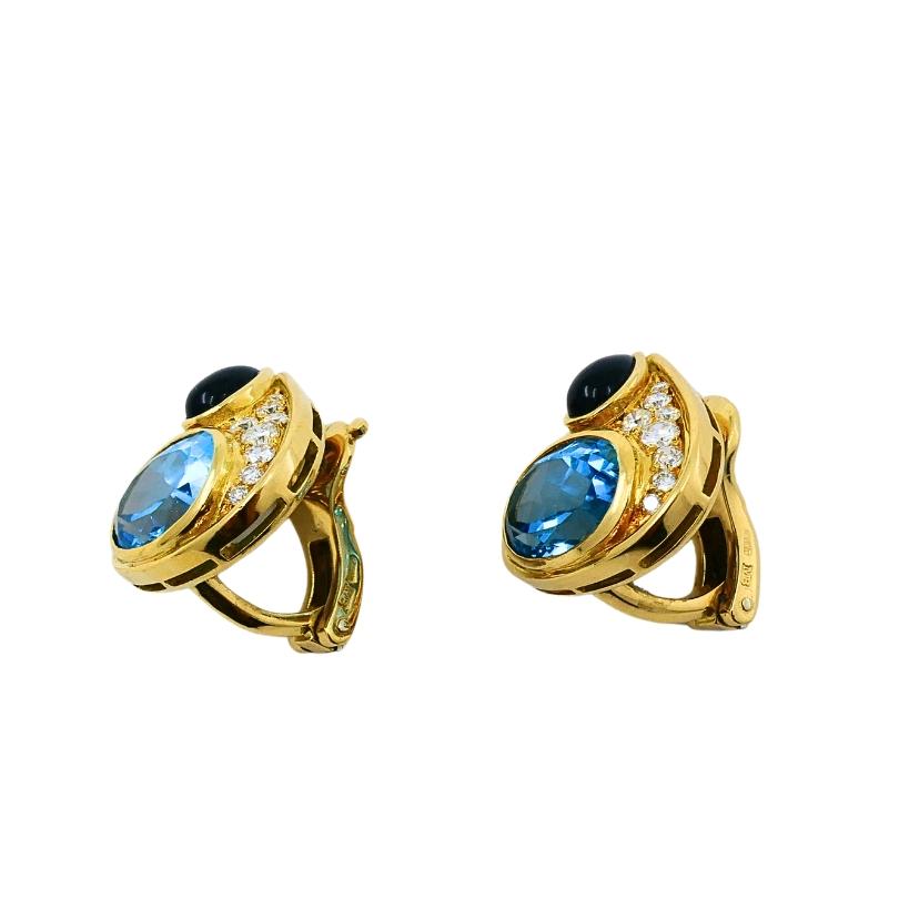 Taglio misto Marina B. Orecchini a clip in oro 18k con topazio, onice e diamanti. in vendita