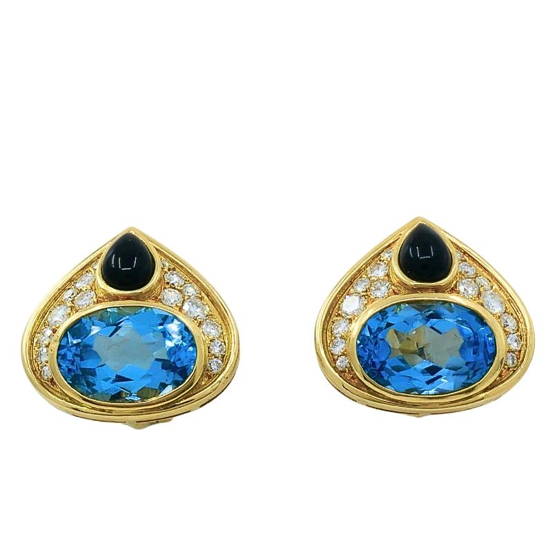 Marina B. Orecchini a clip in oro 18k con topazio, onice e diamanti. in vendita 1