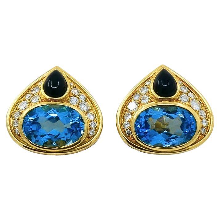 Marina B. Orecchini a clip in oro 18k con topazio, onice e diamanti. in vendita
