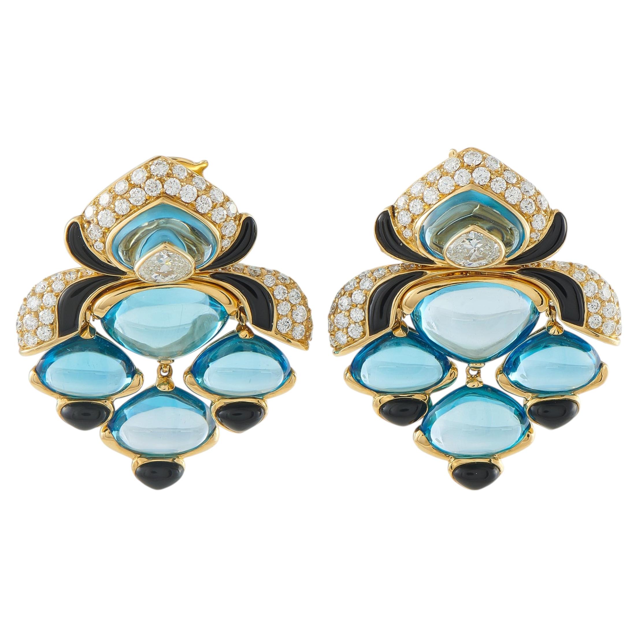 Marina B. 18K Yellow Gold 4.50ct Diamond, Topaz, and Enamel Clip-On Earrings