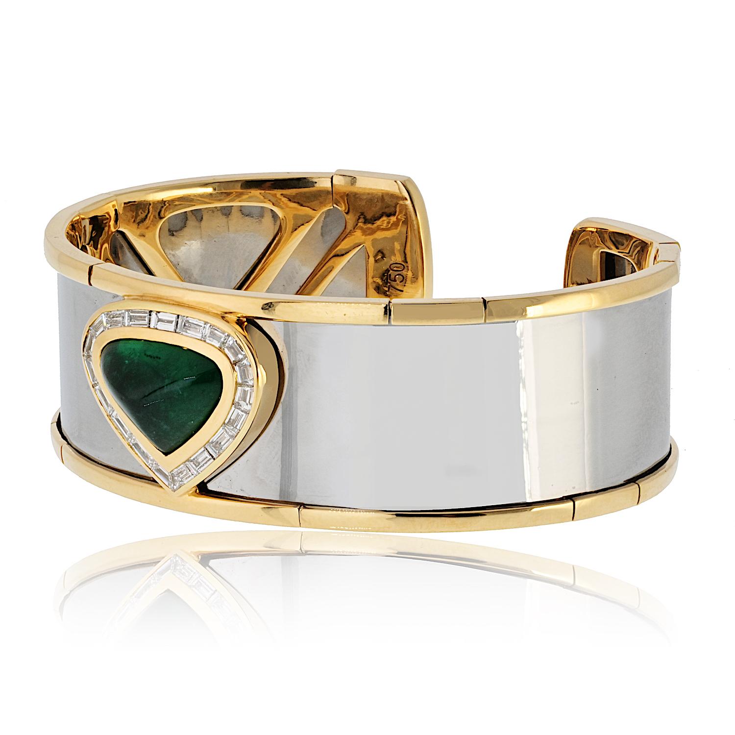 Marina B 18K Yellow Gold And Stainless Steel Green Emerald Cuff Bracelet In Excellent Condition For Sale In New York, NY