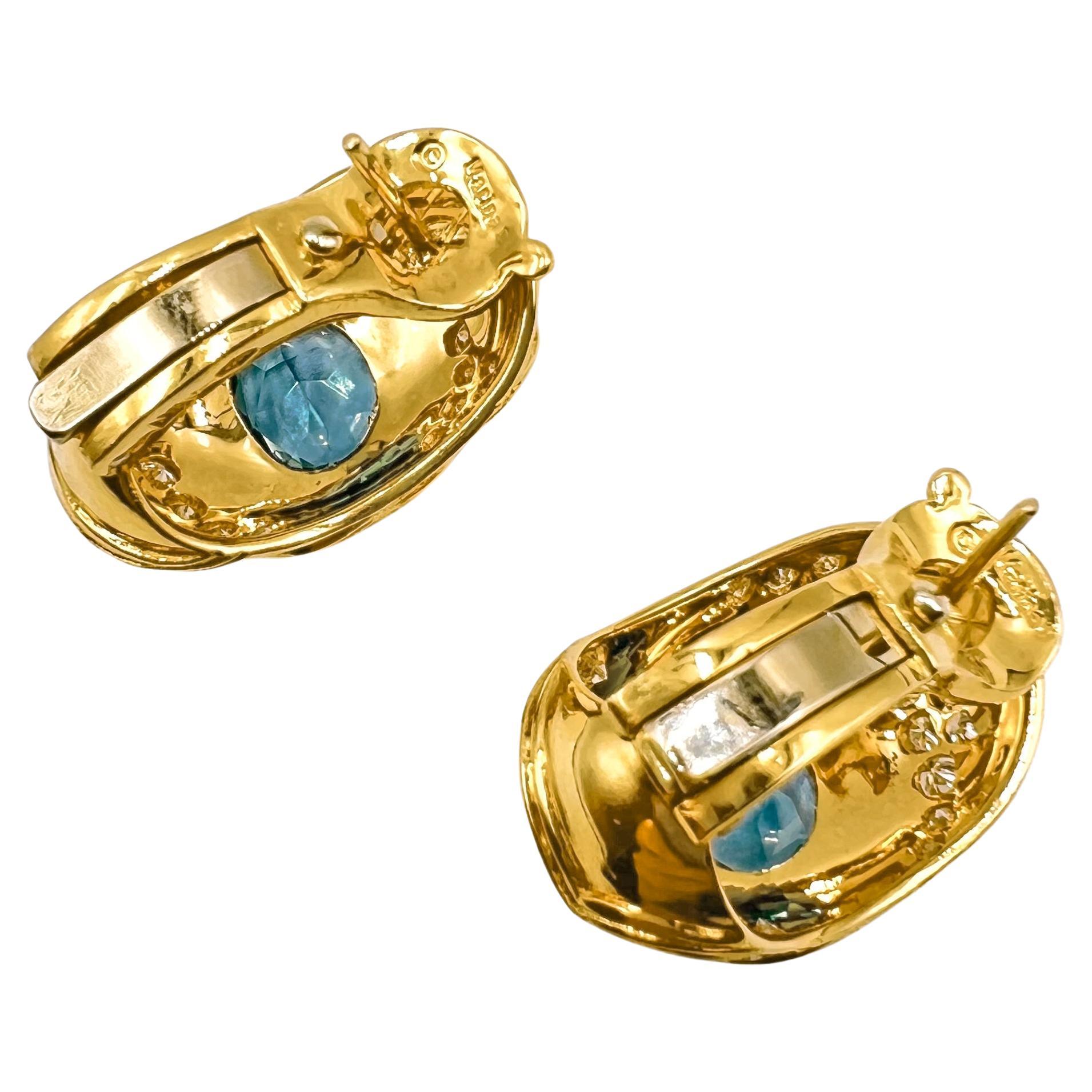 Modern Marina B 18k Yellow Gold Blue Topaz Diamond Earrings