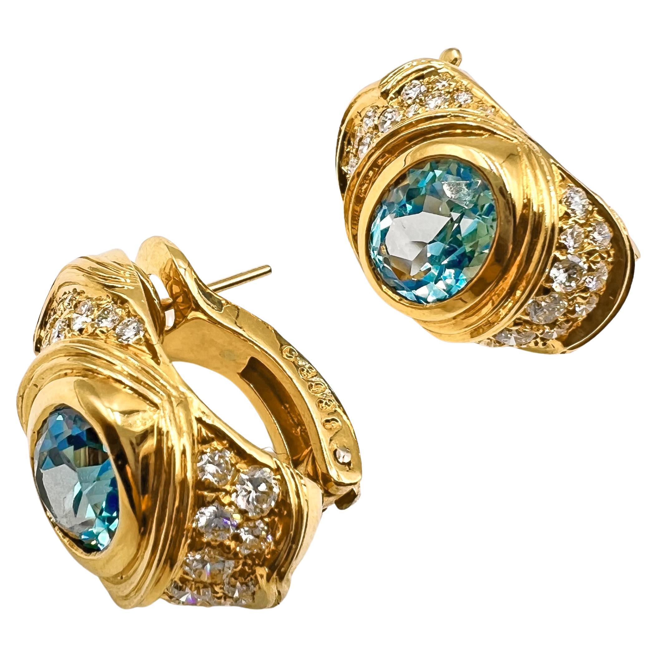 Oval Cut Marina B 18k Yellow Gold Blue Topaz Diamond Earrings