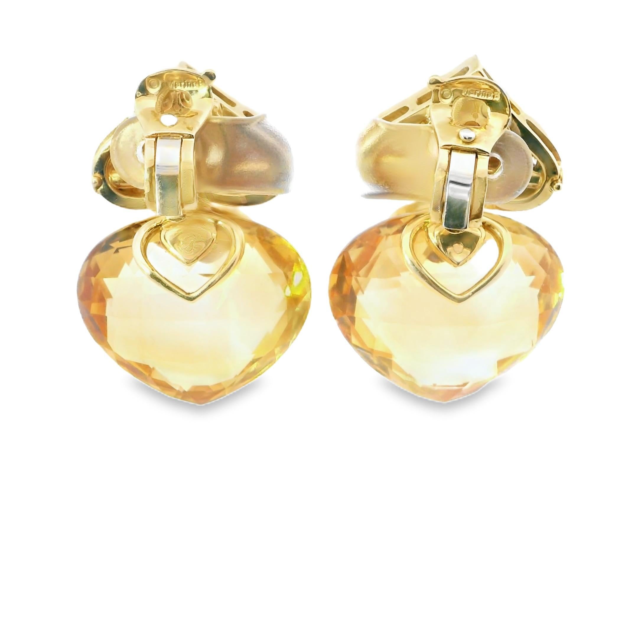 Pendientes Corazón Marina B Oro Amarillo 18K Citrino, Diamante y Ónice - Italia, años 80 Corte de corazón
