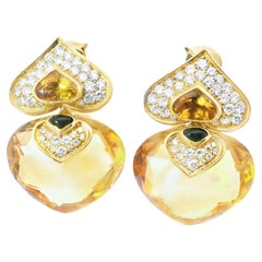Pendientes Corazón Marina B Oro Amarillo 18K Citrino, Diamante y Ónice - Italia, años 80
