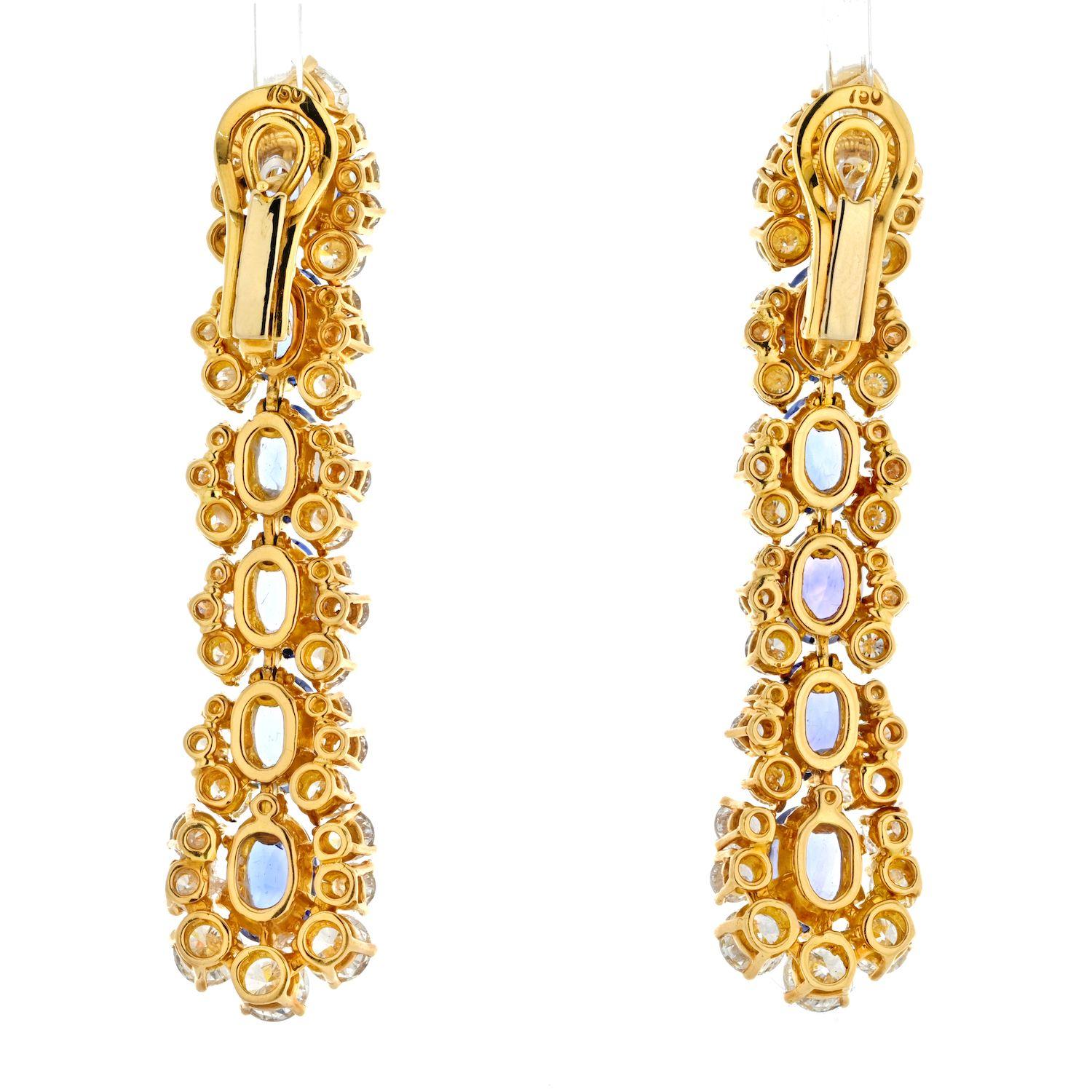 The Marina B 18K yellow gold diamond and sapphire dangling earrings are truly special. They feature a unique design with a combination of stunning diamonds, yellow gold, and vibrant sapphires to create a truly eye-catching piece. The luxurious