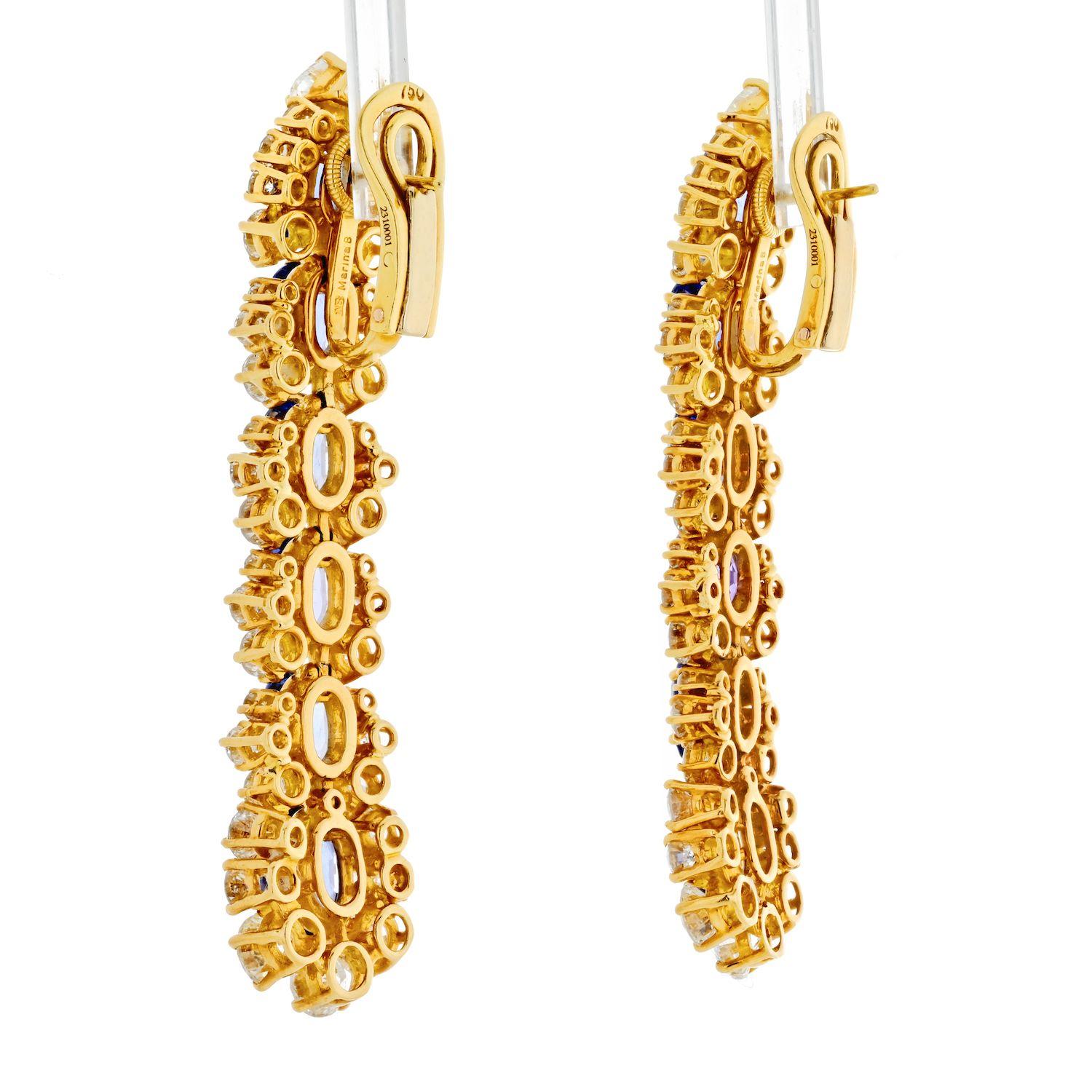 Oval Cut Marina B. 18k Yellow Gold Diamond and Sapphire Dangling Drop Earrings For Sale