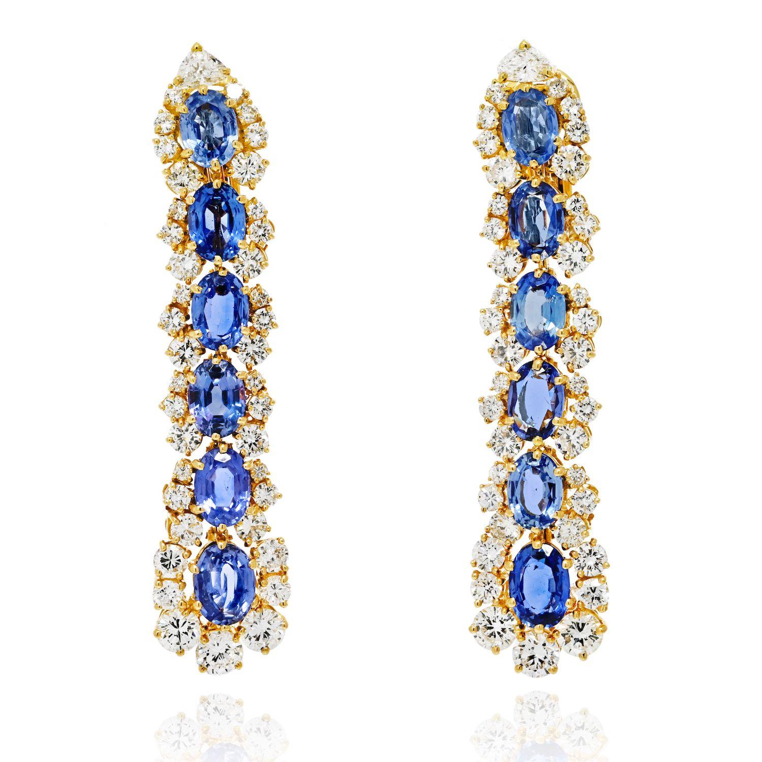 Marina B. 18k Yellow Gold Diamond and Sapphire Dangling Drop Earrings In Excellent Condition For Sale In New York, NY