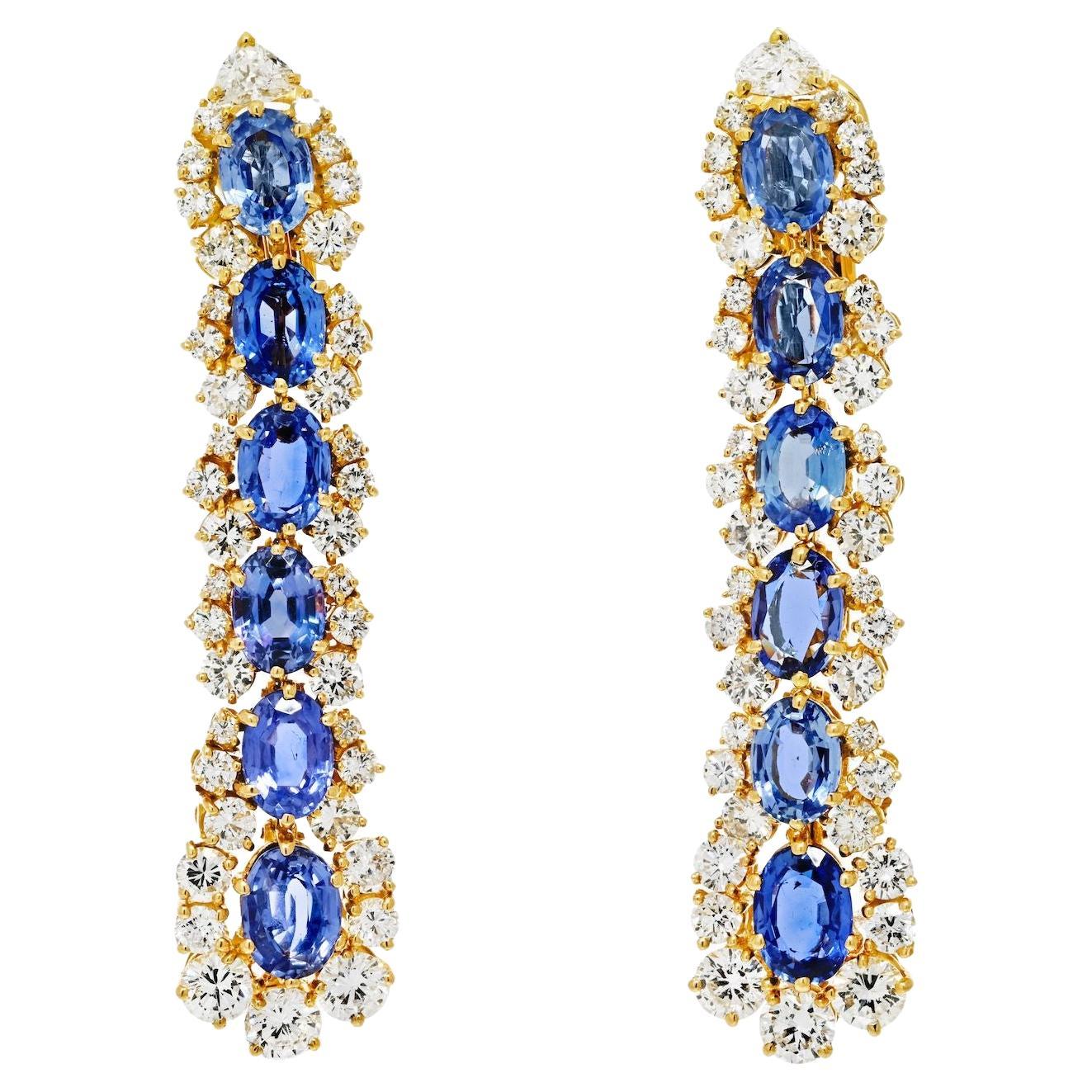 Marina B. 18k Yellow Gold Diamond and Sapphire Dangling Drop Earrings For Sale