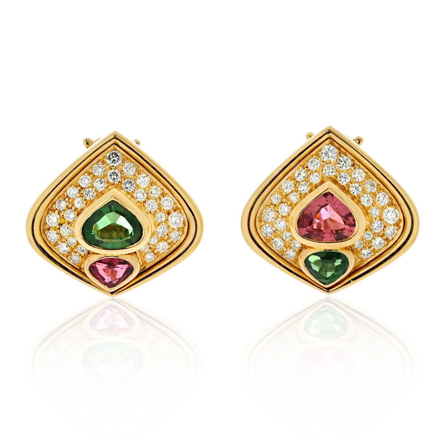 Pair of Marina B earrings housed in pave diamond set, 18k yellow gold settings, featuring green and pink tourmalines.
The earrings take a striking, glamorous look that nevertheless speak heavily of Marina B classics.
Approx. carat weight