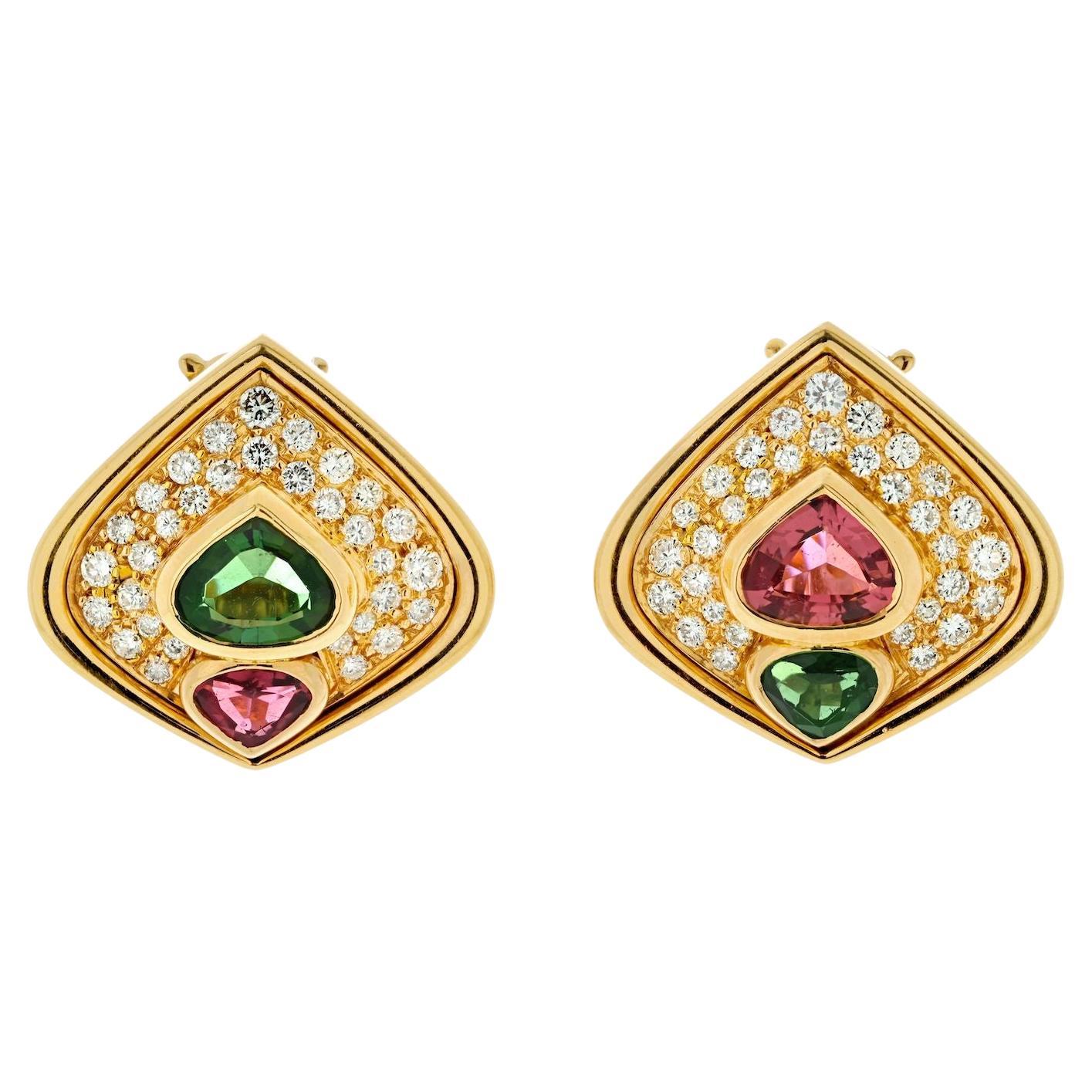 Marina B. Boucles d'oreilles en or jaune 18 carats, diamants et tourmaline