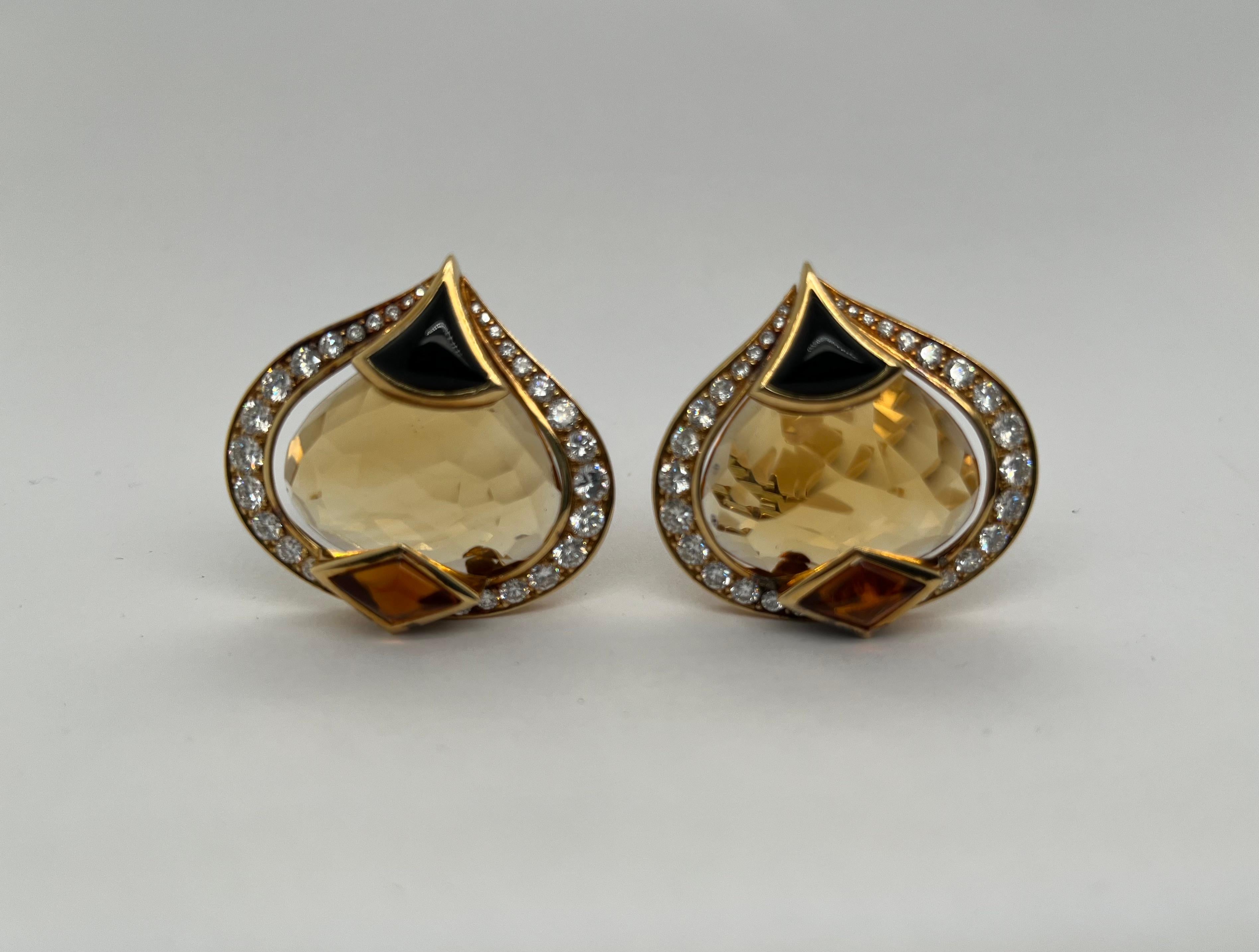 Modern Marina B. 18K Yellow Gold Diamond Citrine Onyx Clip-on Earrings For Sale