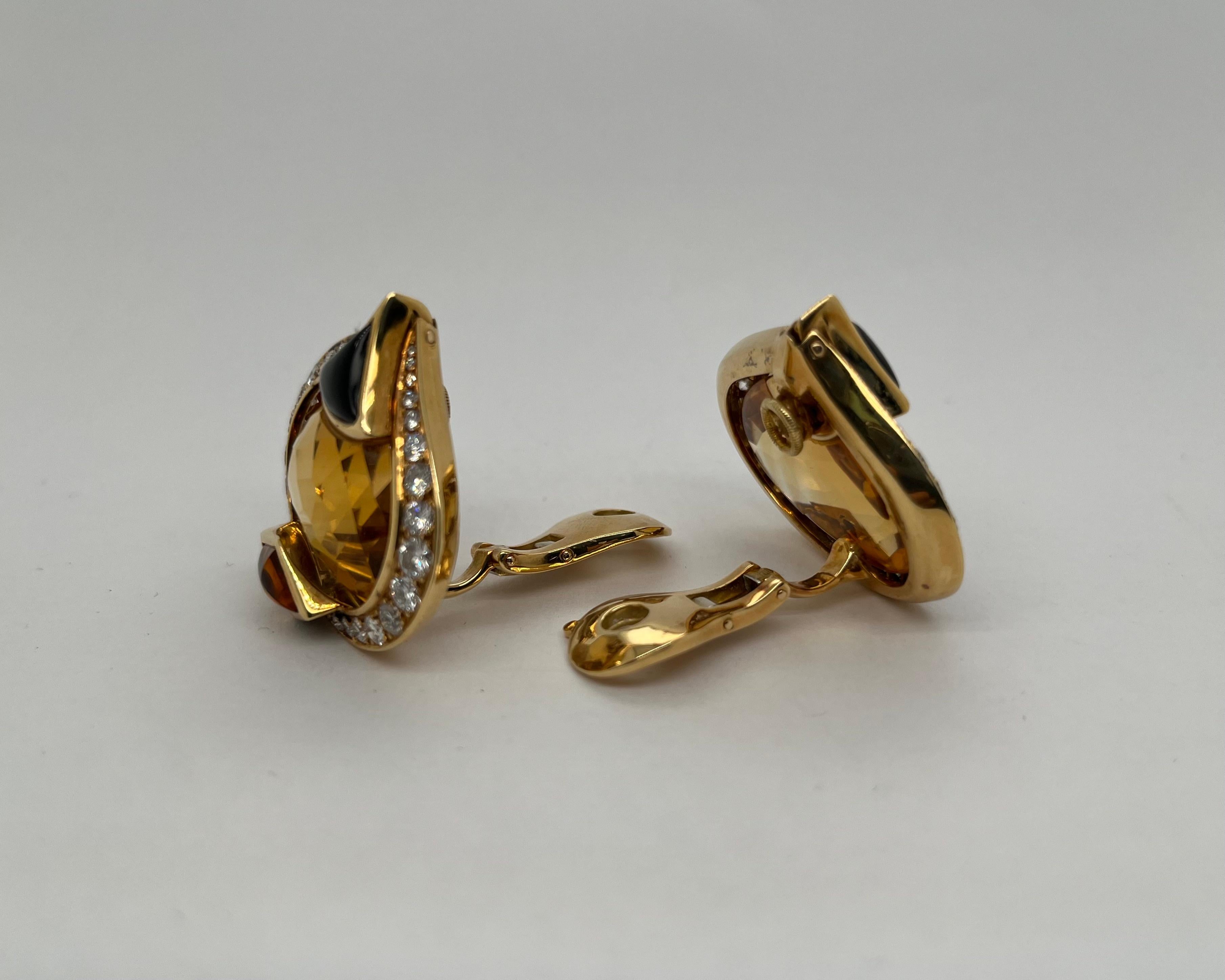Women's Marina B. 18K Yellow Gold Diamond Citrine Onyx Clip-on Earrings For Sale