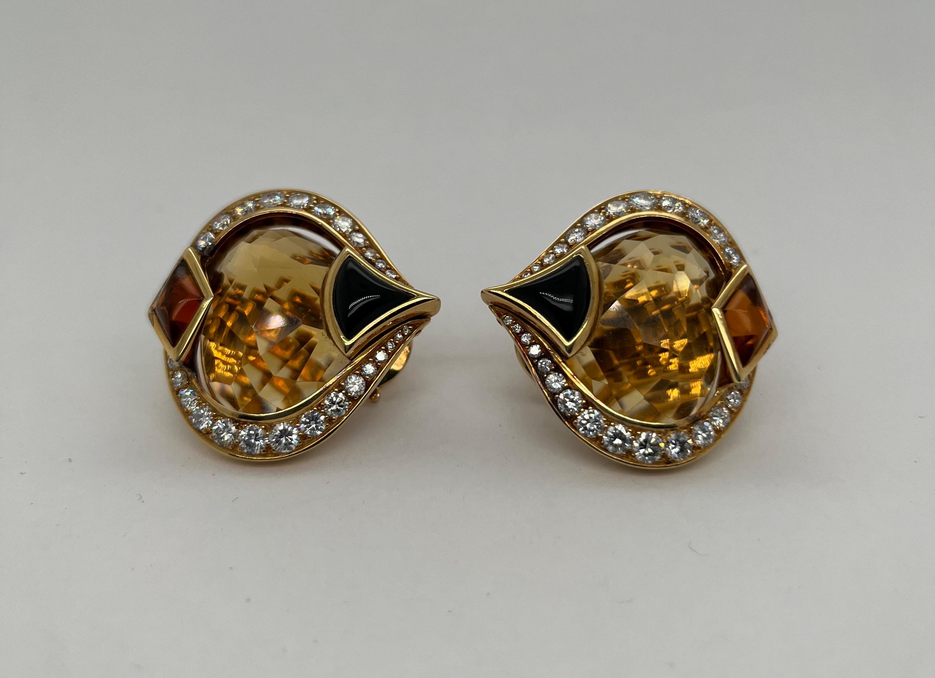 Marina B. 18K Yellow Gold Diamond Citrine Onyx Clip-on Earrings For Sale 1