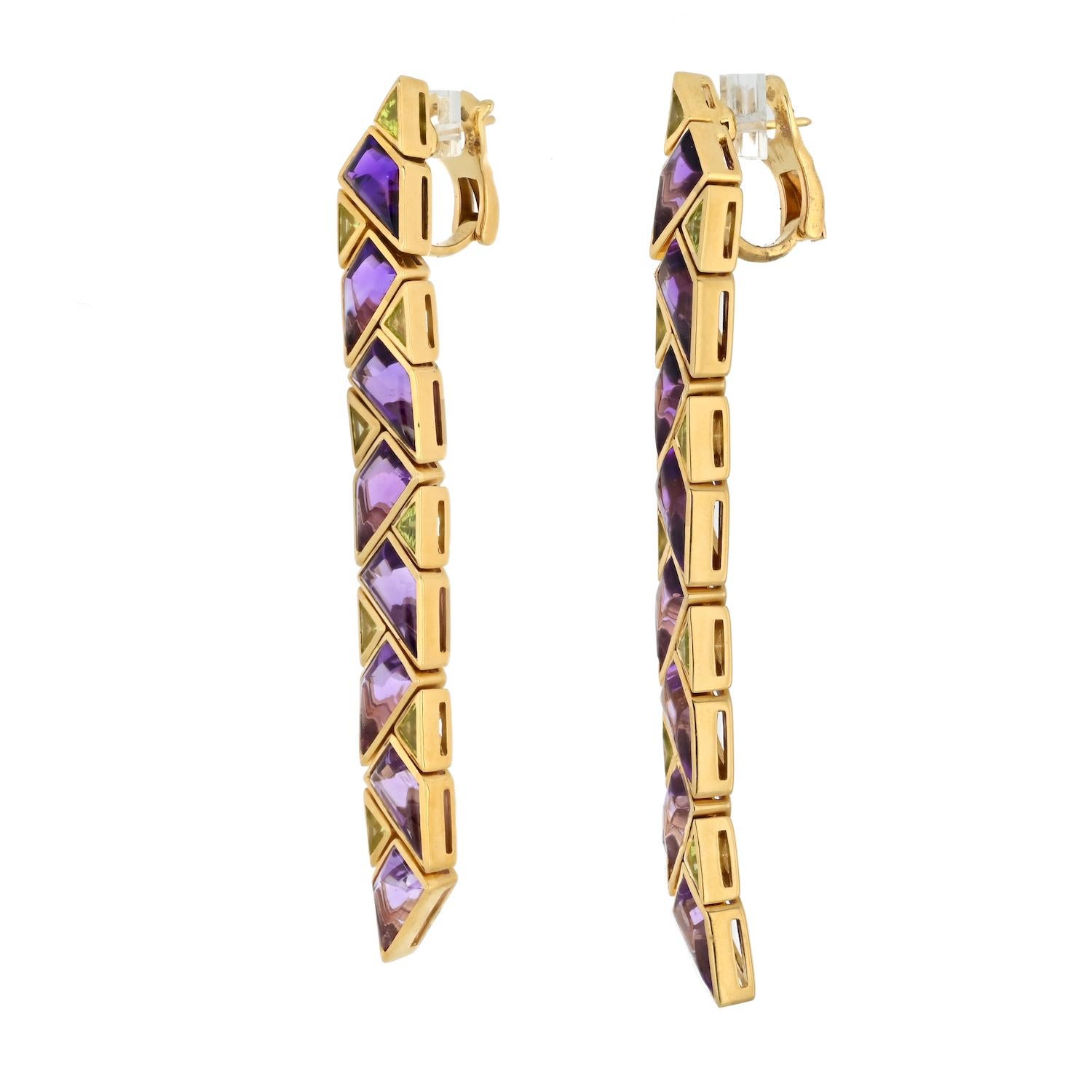 Modern Marina B 18K Yellow Gold Drop Pyramide Amethyst And Peridot Earrings For Sale