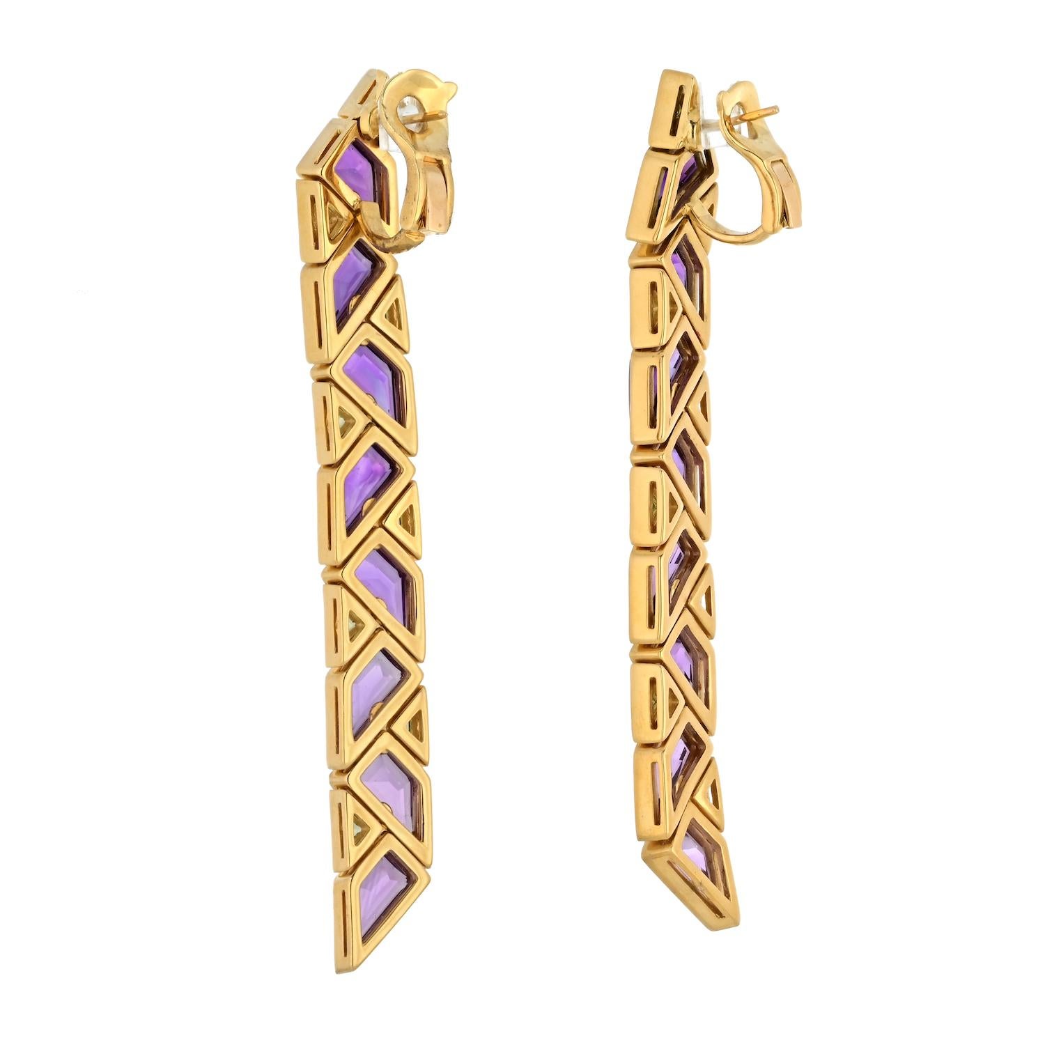Trillion Cut Marina B 18K Yellow Gold Drop Pyramide Amethyst And Peridot Earrings For Sale