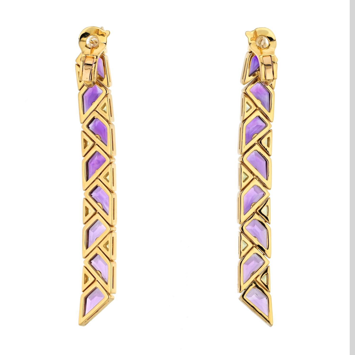 Marina B 18K Yellow Gold Drop Pyramide Amethyst And Peridot Earrings In Excellent Condition For Sale In New York, NY