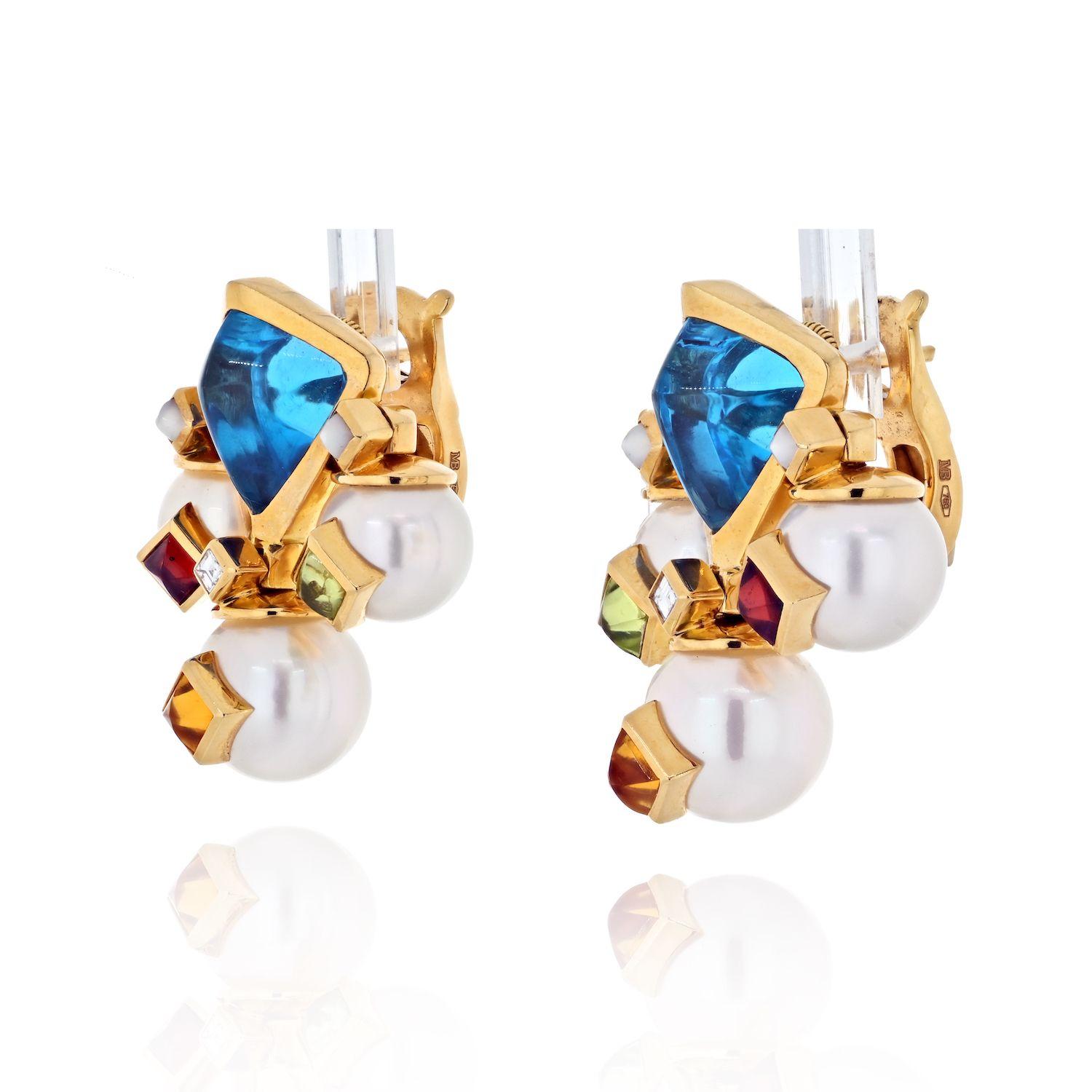 18K Yellow Gold Diamond Gem Stones Earrings by Marina B.

0.11ct TW Square F-G VS Diamonds

13.22ct TW Rhomboid Topaz Blue Center Stone

1.91ct TW Square Multi Gem Stones

3 White Round Pearls.

Clip closure posts can be added.