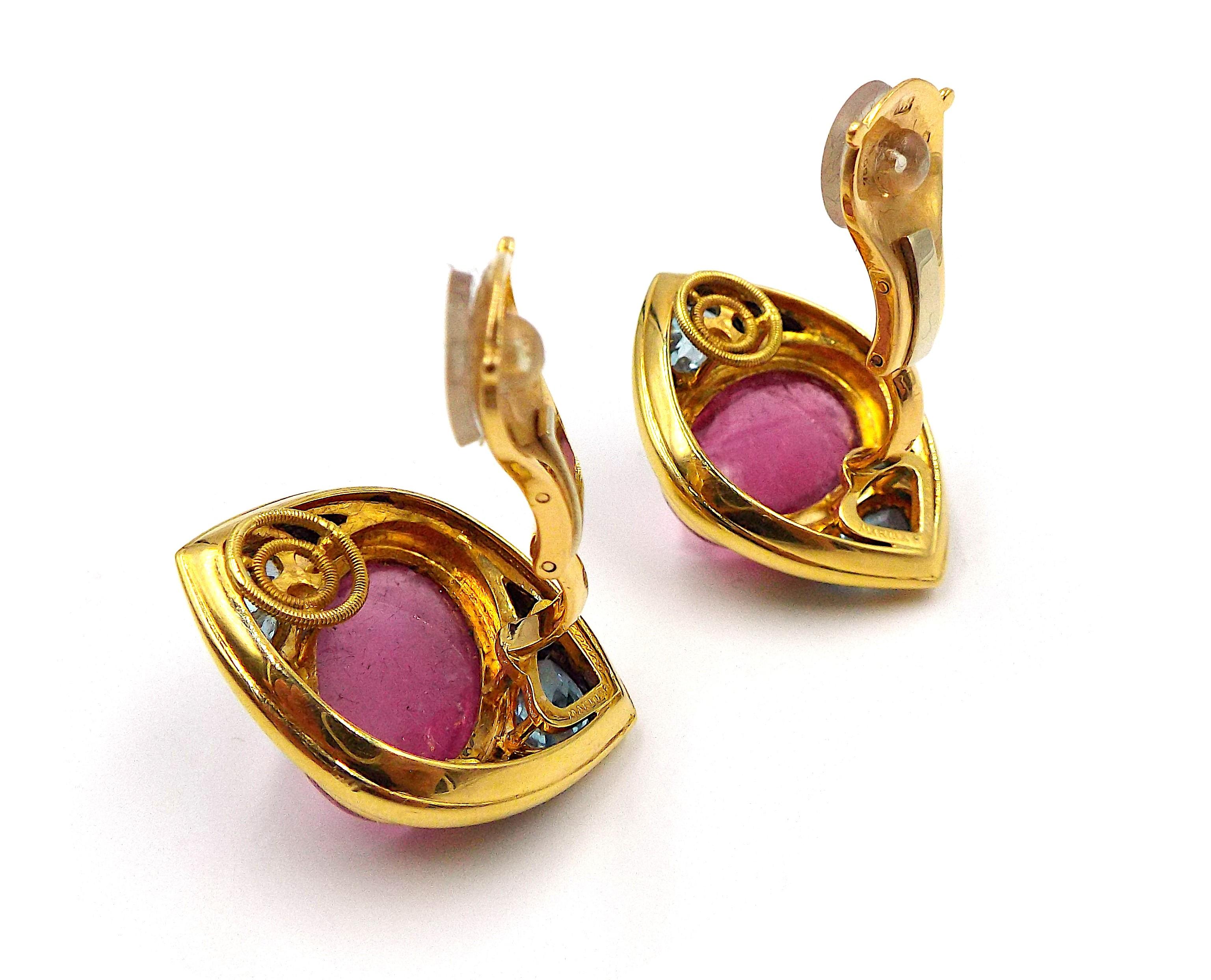 A pair of fancy earrings by Marina B. 18K Yellow Gold, approx. 22ct Pink Tourmaline, approx. 6.8ct Blue Topaz. Signed Marina B, stamped France, 750, numbered.
