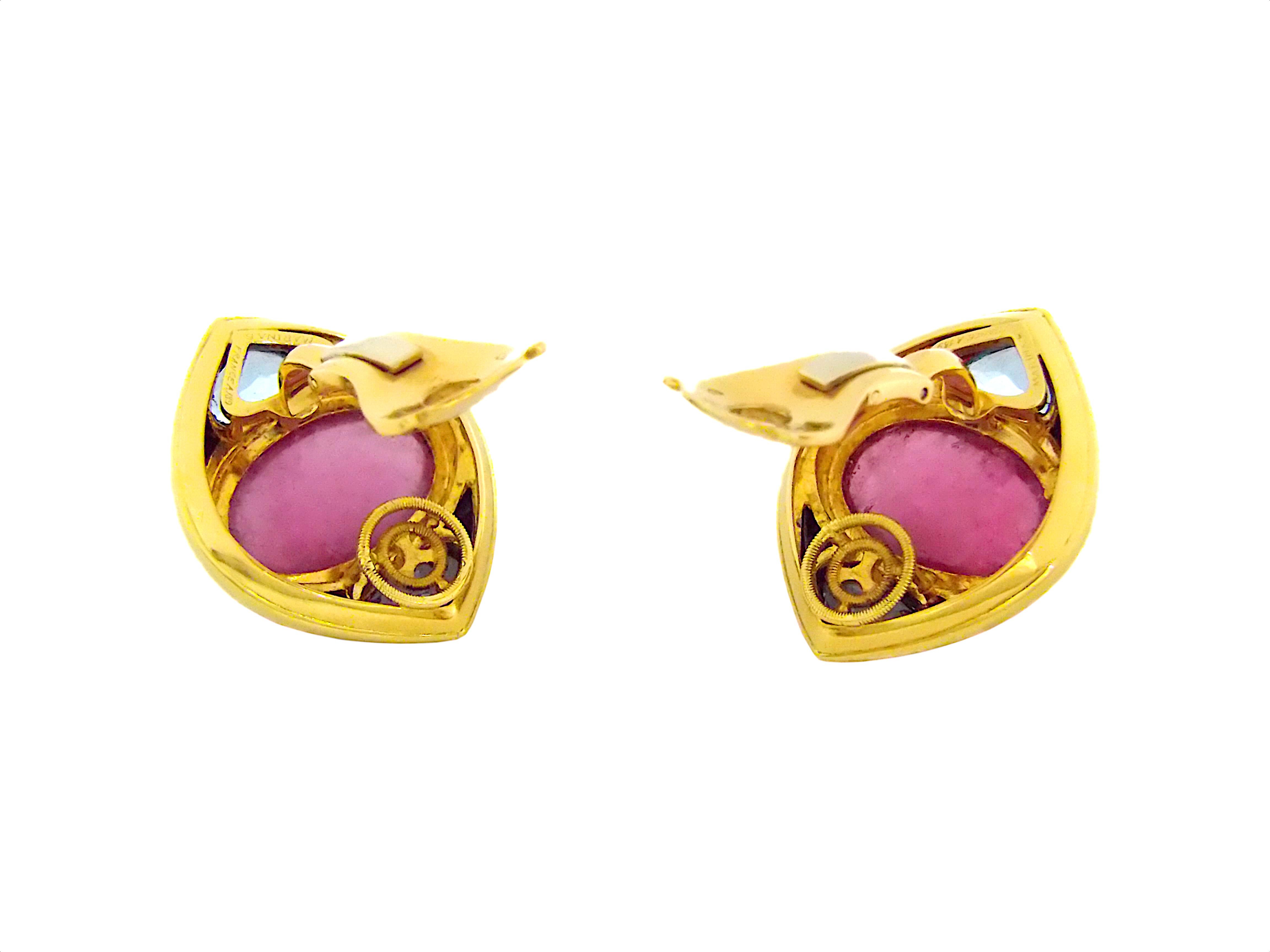 Marina B 18K Yellow Gold Pink Tourmaline Blue Topaz Kashan Grandes Earrings In Good Condition For Sale In New York, NY