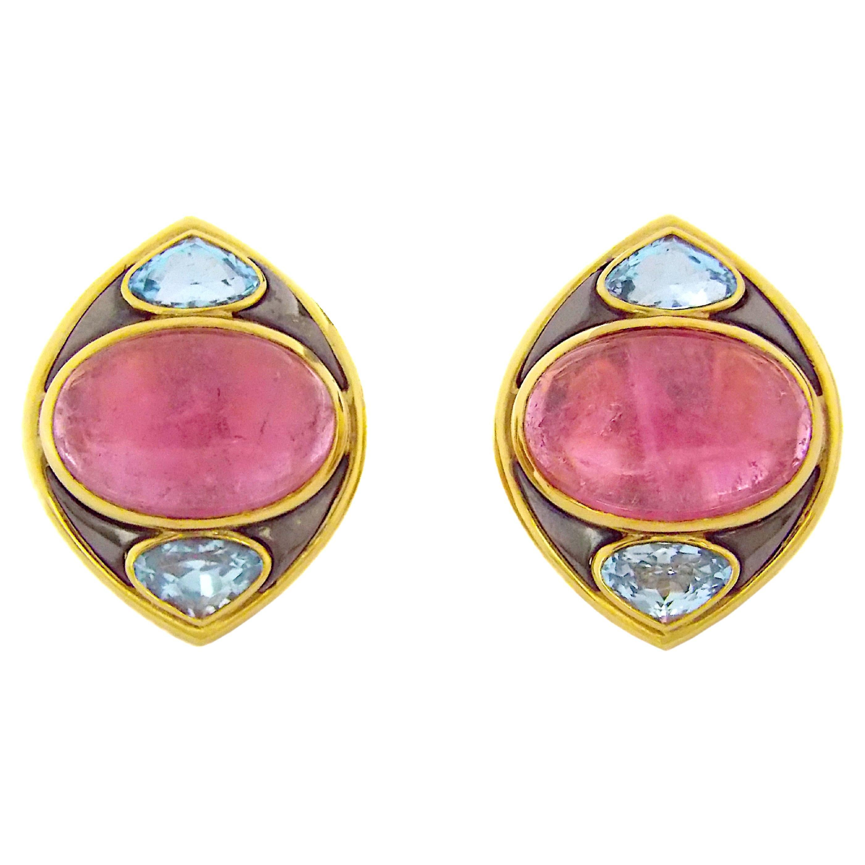Marina B Kashan Grandes Ohrringe aus 18 Karat Gelbgold mit rosa Turmalin und blauem Topas im Angebot