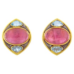 Marina B Boucles d'oreilles Kashan Grandes en or jaune 18 carats avec tourmaline rose et topaze bleue