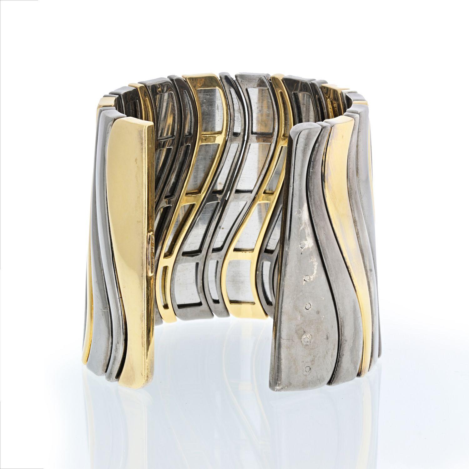 Modern Marina B. 18KYellow Gold And Darkened Stainless Steel Large Cuff Bangle Bracelet For Sale