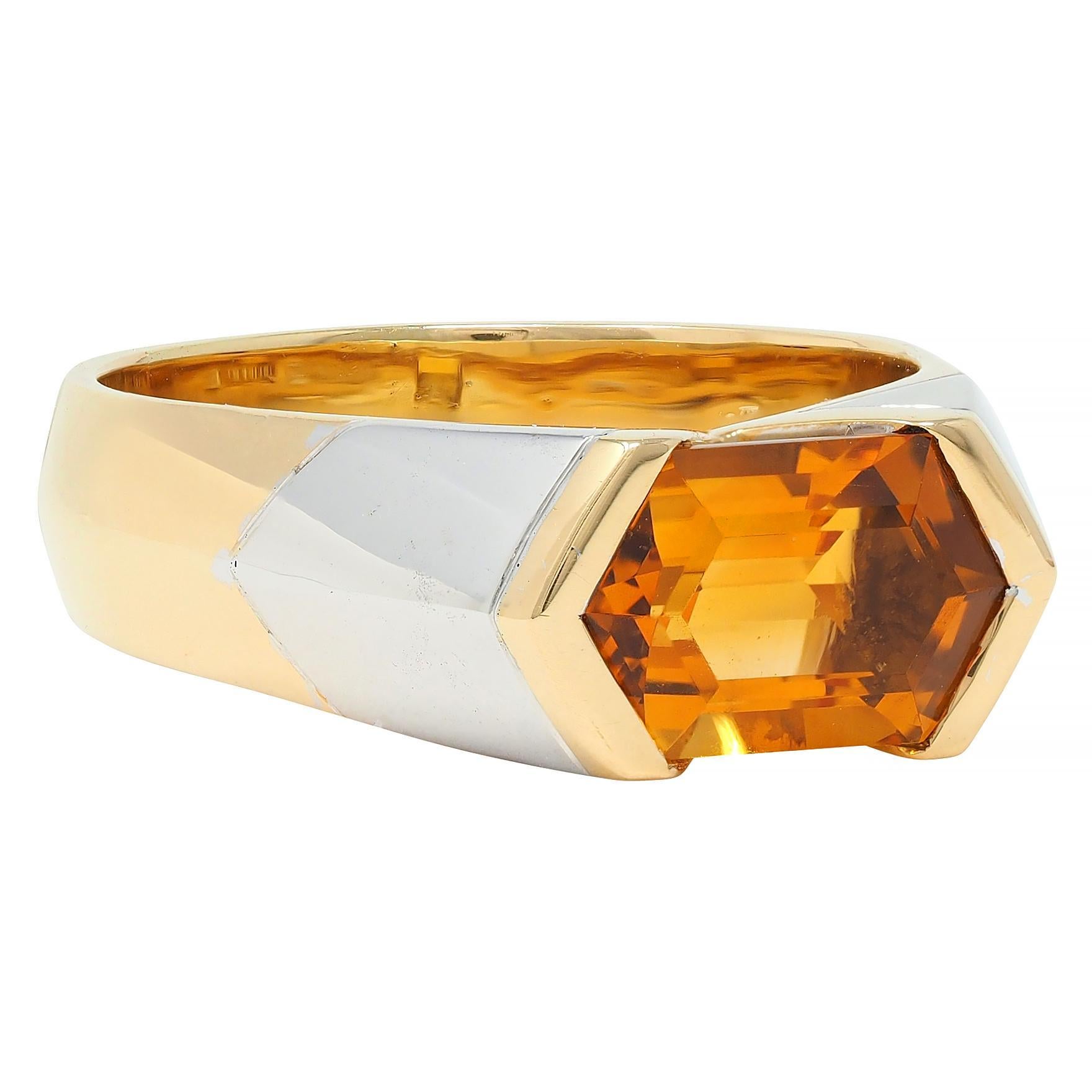 Square Cut Marina B. 1980's 2.15 CTW Citrine 18 Karat Two-Tone Gold Vintage Chevron Ring