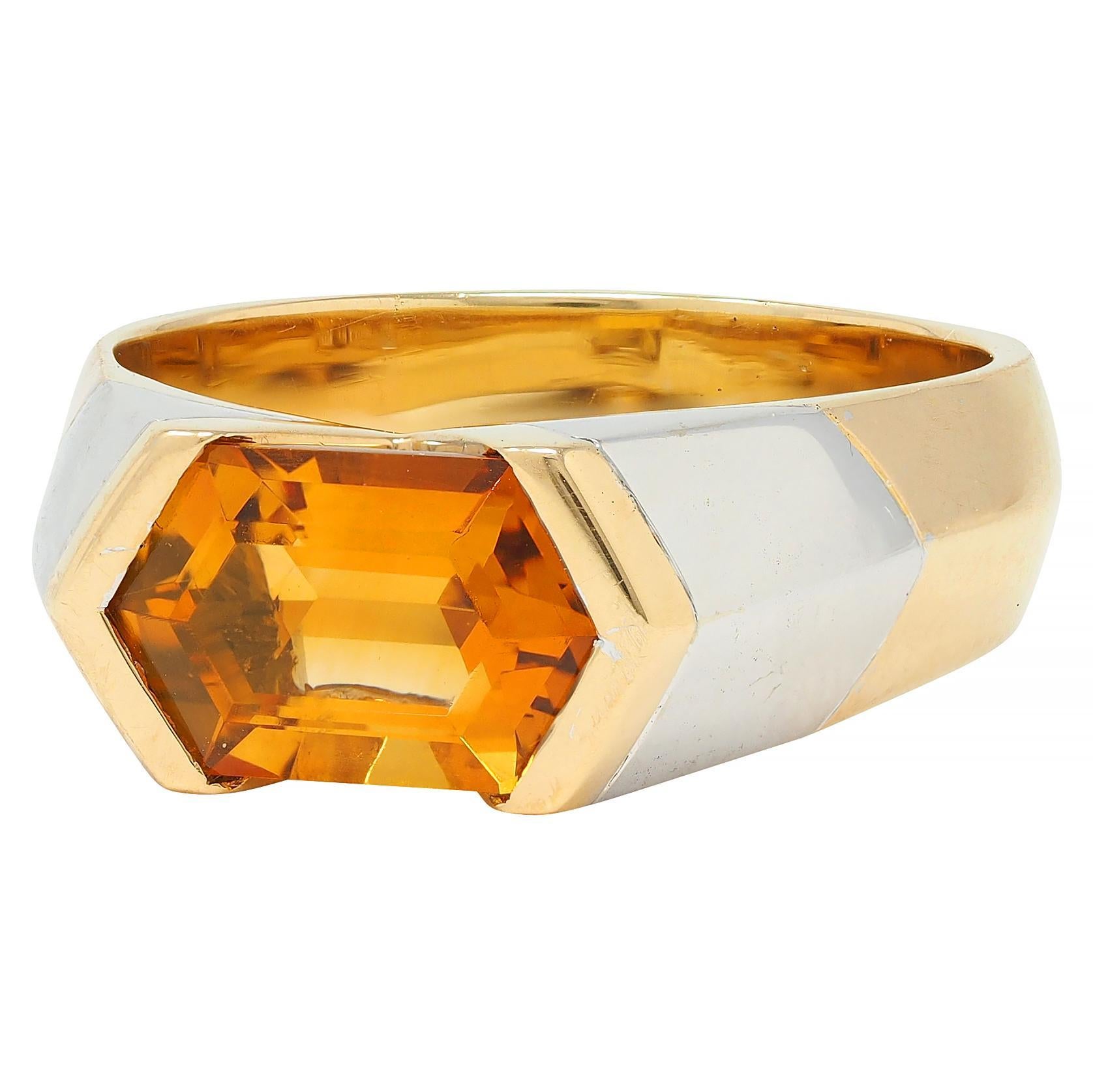 Marina B. 1980's 2.15 CTW Citrine 18 Karat Two-Tone Gold Vintage Chevron Ring 2
